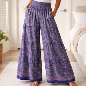 Elegant Paisley Print Pants in Blueish Purple and Pink